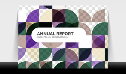Horizontal A4 business flyer annual report template, circles and triangle style shapes modern geometric design for brochure layout, magazine or booklet