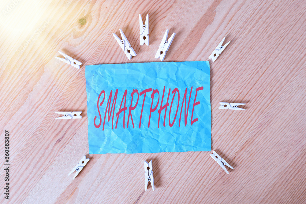 Aufkleber word writing text smartphone. business photo showcasing a mobile phone that performs many of the com