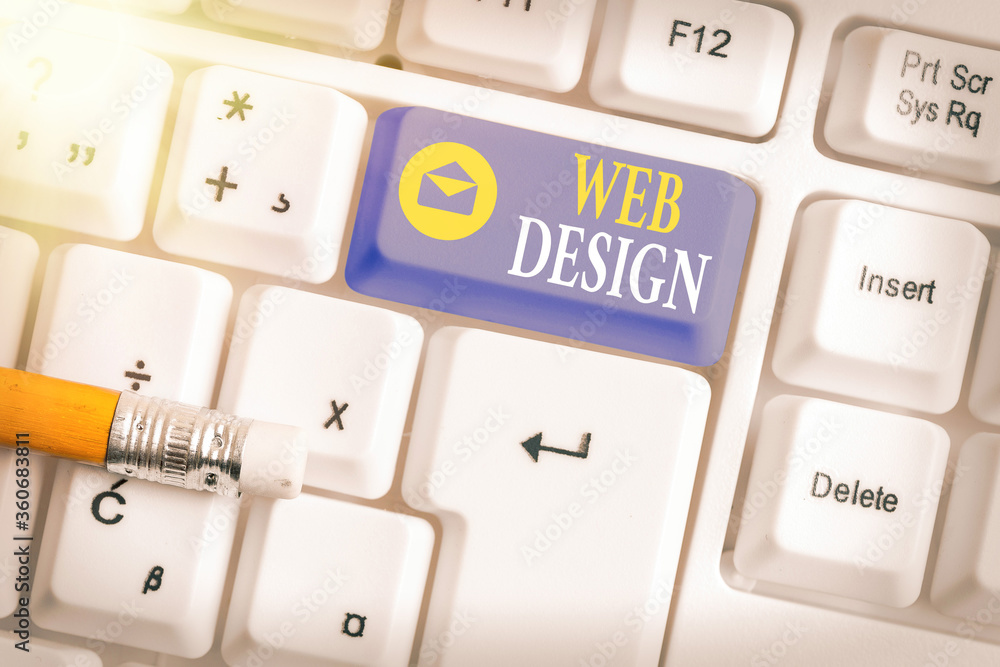 Fototapete Writing note showing Web Design. Business concept for website creation which includes layout, content, and graphics White pc keyboard with empty note paper above white key copy space