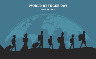 World refugee day background with muslim people walking seek for home. Flat style vector illustration concept of migrant awareness campaign for banner and poster.