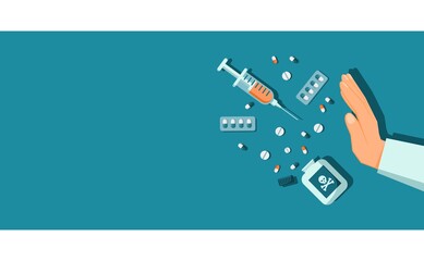 Stop drug abuse and illicit trafficking campaign background. Flat style vector illustration of flat lay view of drugs, injection, and capsule . Suitable for banner and poster design.
