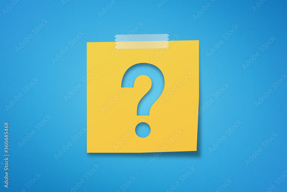 Sticker yellow sticky note paper with question mark on blue background