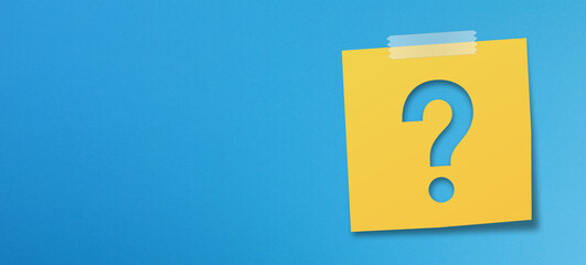 Yellow sticky note paper with question mark on blue background