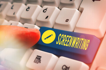 Writing note showing Screenwriting. Business concept for the art and craft of writing scripts for...