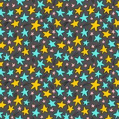 Seamless pattern with colorful stars on dark background. Ink illustration. Hand drawn ornament for wrapping paper.