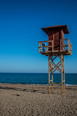 Lifeguard tower and beach of the Vera Playa, Andalucia, Spain