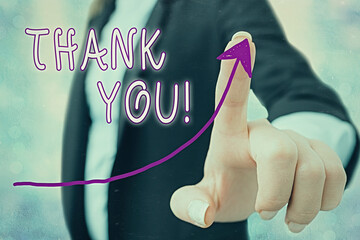 Writing note showing Thank You. Business concept for polite expression to acknowledge a gift,...