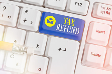 Writing note showing Tax Refund. Business concept for excess payment of paid taxes returned to...