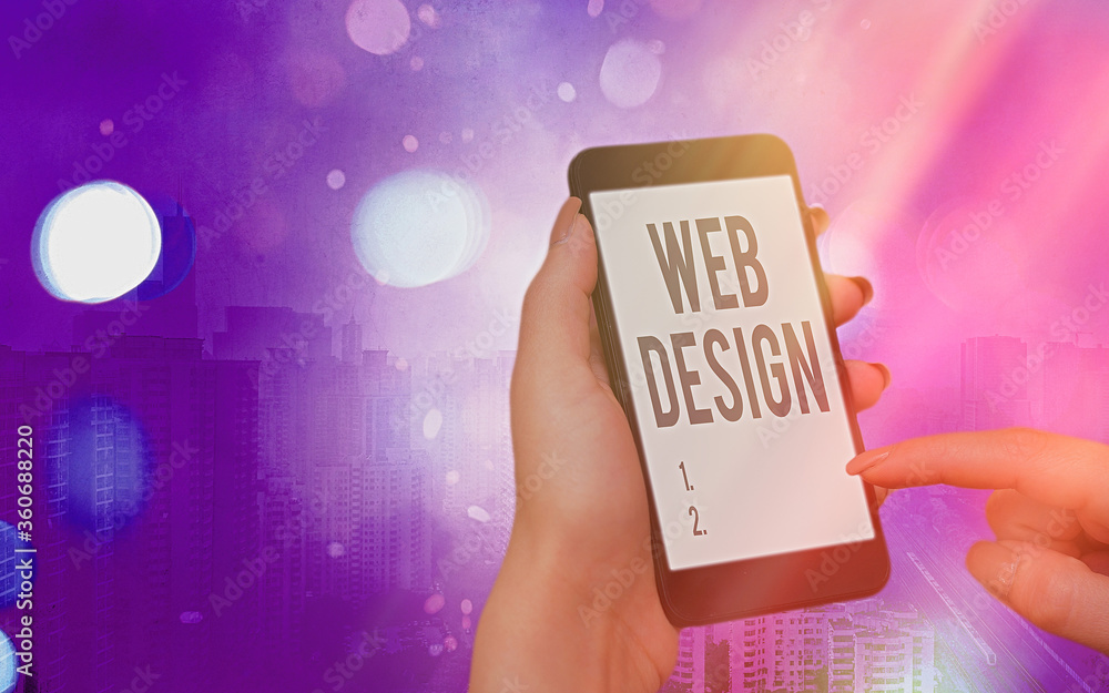 Fototapete Word writing text Web Design. Business photo showcasing website creation which includes layout, content, and graphics Modern gadgets with white display screen under colorful bokeh background
