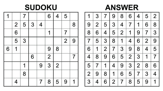 Vector sudoku with answer. Educational game with numbers for kids and leisure for adult on white background.