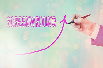 Writing note showing Screenwriting. Business concept for the art and craft of writing scripts for...