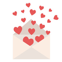 Love letter mail with red hearts flying out on white for design, stock vector illustration