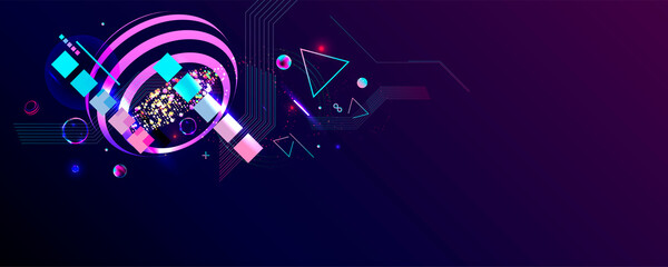 Obraz premium Dark retro futuristic art neon abstraction background cosmos new art 3d starry sky glowing galaxy and planets blue circles