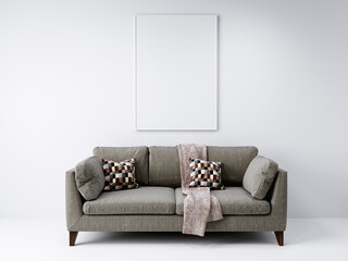 white vertical empty mock-up picture frame on white wall, above gray sofa, 3D background concept illustration