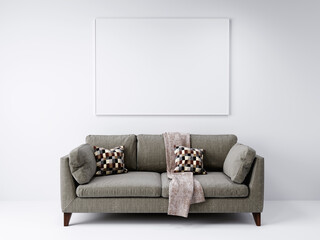 white horizontal empty mock-up picture frame on white wall, above gray sofa, 3D background concept illustration