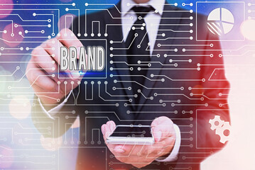 Handwriting text Brand. Conceptual photo name identifies one seller good as distinct from those of...