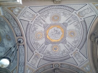 Drawing on the ceiling in a cathedral in Budapest, Hungary. Nice view of religious and historical art. 