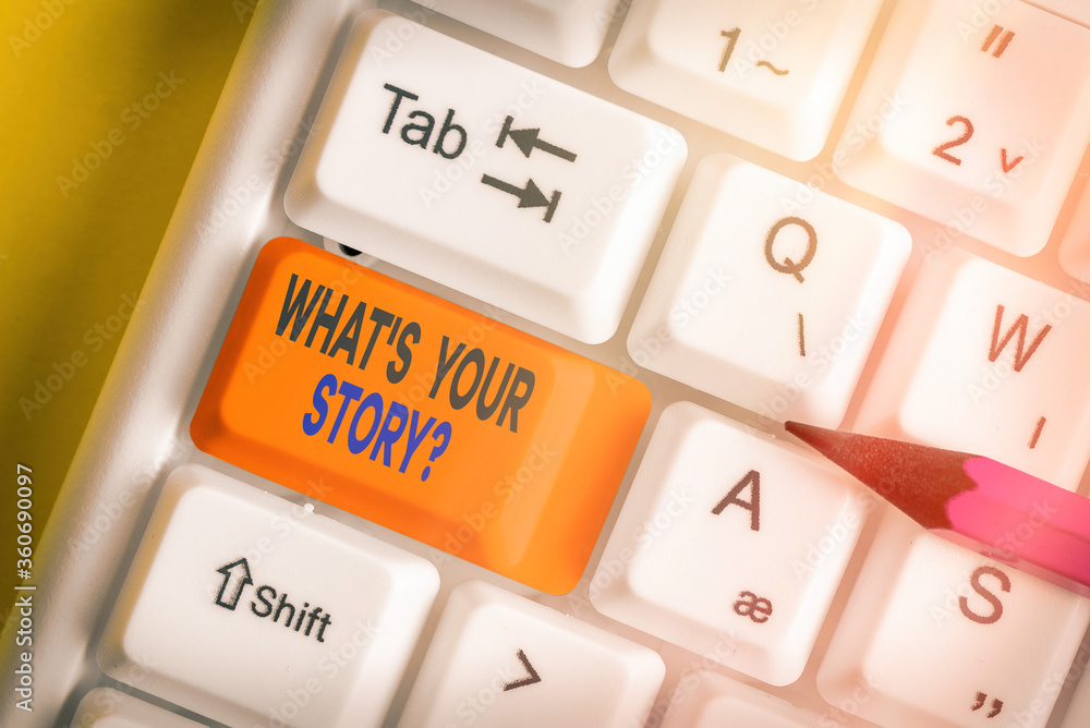 Poster text sign showing what s your story question. business photo showcasing share or tell us your life e