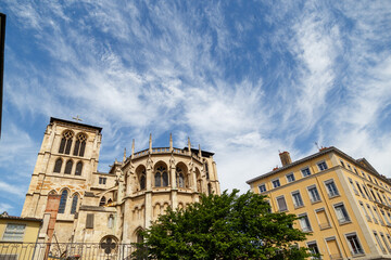 Lyon, France - CIRCA 2019: Picturesque historical Lyon Old Town buildings on the bank of Saone River. Lyon, Region Auvergne-Rhone-Alpes, France.