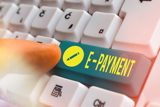 Writing note showing E payment. Business concept for simply defined as online payment of the goods or services White pc keyboard with empty note paper above white key copy space