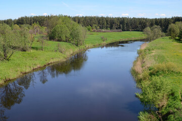 Typical landscape of Central Russia. View of Nerl river in surroundings of Luki village. Tver Oblast, Russia. - obrazy, fototapety, plakaty