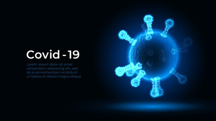 Corona virus. Vector 3d microbe on black background. Covid - 19. Futuristic virus protection microbiology concept. Pathogen organism, infectious micro virology. Antibiotics, vaccination