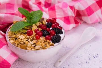 A plate of yogurt with berries and granola. The concept of healthy food.