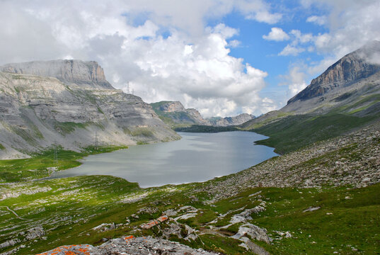 View of the Daubensee Lake in Leukerbad in the Swiss Alps