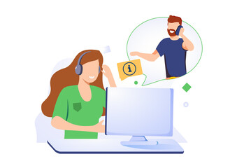 Woman with headset is sitting at her computer and talking with client. Clients assistance, call center, hotline operator