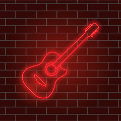 Acoustic guitar, beautiful neon glow. Musical instrument. Night signboard. Vector illustration.