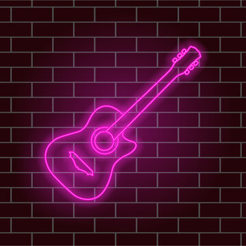 Acoustic Guitar, Beautiful Pink Neon Glow. Musical Instrument. Night Signboard. Vector Illustration.