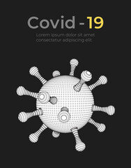 Corona virus. Vector 3d microbe on black background. Covid - 19. Futuristic virus protection microbiology concept. Pathogen organism, infectious micro virology. Antibiotics, vaccination