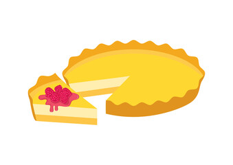 Piece of cake with raspberries icon vector. Piece of cheesecake with raspberry sauce icon. Fruit cream pie icon isolated on a white background. Delicious fruit cake with raspberries vector