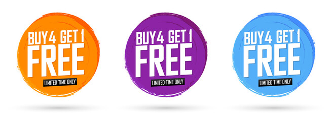 Buy 4 Get 1 Free, Set Sale banners design template, discount tags collection, great offer,  grunge brush, vector illustration