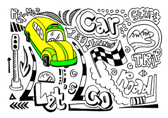Hand drawn doodle set with funny cars, roads, vector illustration.