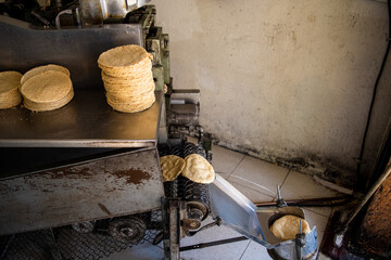 tortillas stacked on a tortilla machine