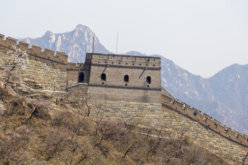Fototapeta premium Beijing, China - CIRCA 2020: Great Wall of China in a green forest landscape at Mutianyu in Huairou District near Beijing, China. Autumn view of Grate Wall of China