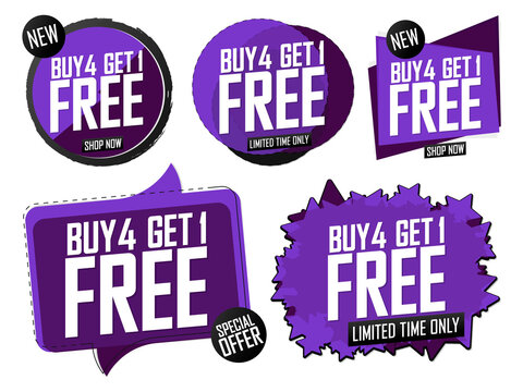 Buy 4 Get 1 Free, Set Sale banners design template, discount tags collection, great offer, vector illustration