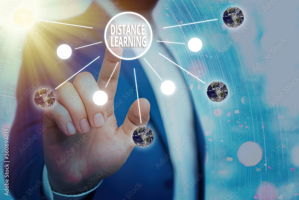 Poster writing note showing distance learning. business concept for educational lectures broadcasted over t