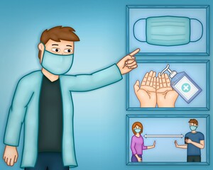 Médico dando indicaciones, informando sobre coronavirus 