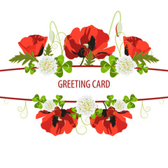 Floral design greeting card template,invitation.Red poppy, small white blooming clover flowers, green poppy leaves
