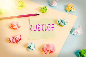 Word writing text Justice. Business photo showcasing use of power as appointed by law standards to...