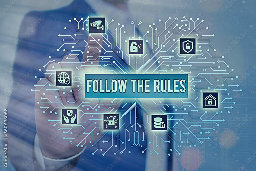 Poster text sign showing follow the rules. business photo showcasing learn to conform the compliance, regul