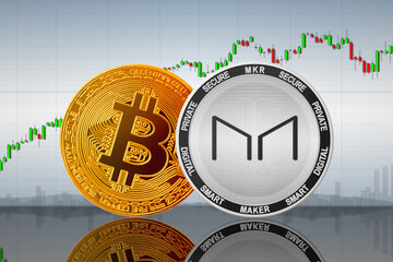 Maker (MKR) and Bitcoin (BTC) coins on the background of the chart; Maker and Bitcoin cryptocurrency; crypto exchange