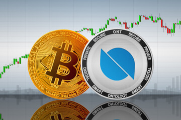 Ontology (ONT) and Bitcoin (BTC) coins on the background of the chart; Ontology and Bitcoin cryptocurrency; crypto exchange