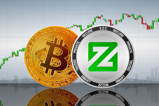 Zcoin (XZC) and Bitcoin (BTC) coins on the background of the chart; Zcoin and Bitcoin cryptocurrency; crypto exchange
