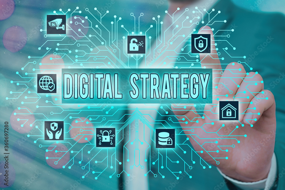 Poster text sign showing digital strategy. business photo showcasing focuses on using technology to improve