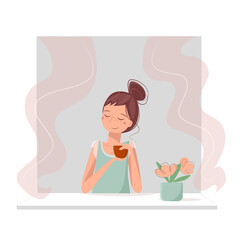 Nice girl enjoyed by drinking coffee in a morning in her window. Cute young woman with a cup of tea and flowers on a windowsill. Calm and relax. Vector illustration. 