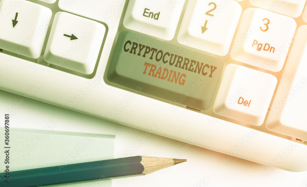 Aufkleber writing note showing cryptocurrency trading. business concept for act speculating on price movements