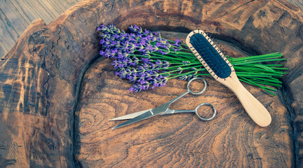 Hair stylist concept with lavender flowers.
